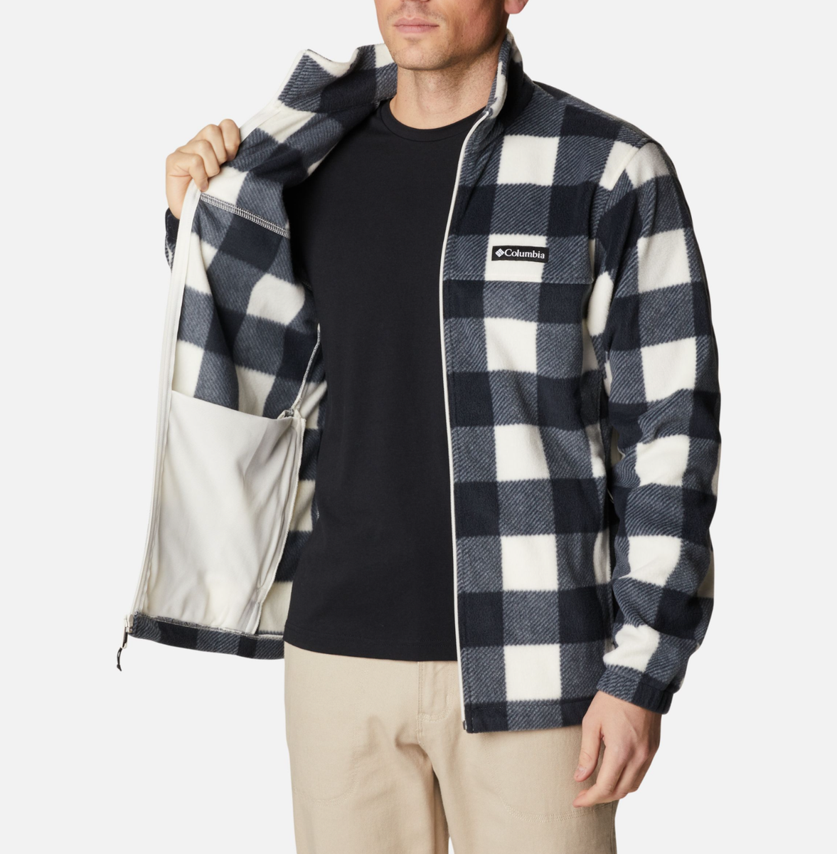 COLUMBIA MEN'S BLACK WHITE MOUNTAIN CHECK PRINT FLEECE ZIP JACKET