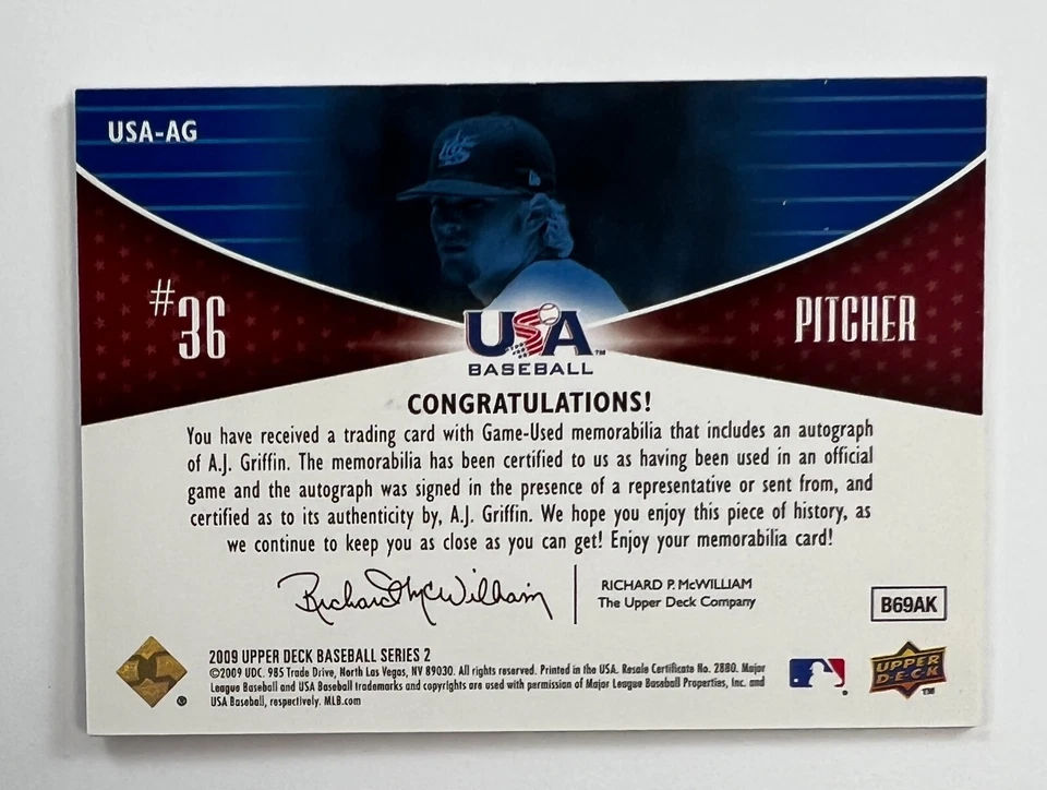2009 Upper Deck Baseball Series 2 #USA-AG A.J. Griffin Auto Relic 211/225 AR55 - Image 2 of 2