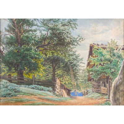 19th Century Watercolor ''FARM LANDSCAPE'', Original, Exceptional Draftsmanship