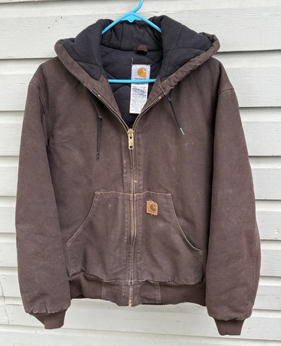 VTG Carhartt J130 DKB Dark Brown Hooded Quilt Lined Canvas Work Jacket Small