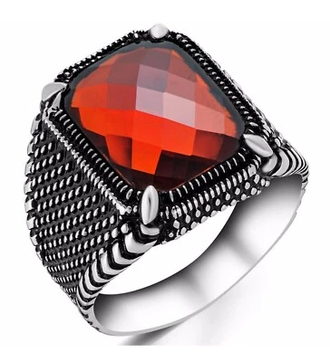 Bague Chevalière Argent Massif 925 Griffes Pierre Zircon Rouge Rectangle Facette - Photo 1/2