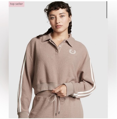 VICTORIA'S SECRET PINK REVERSE FLEECE CROPPED POLO SWEATSHIRT. SZ S/ M/L/XL.NWT - Picture 6 of 72