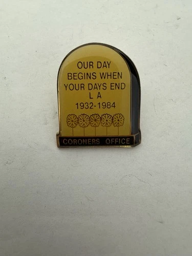 RARE VTG 1984 Los Angeles Olympics Coroners Office Headstone Pinback Pin Limited - product listing photo