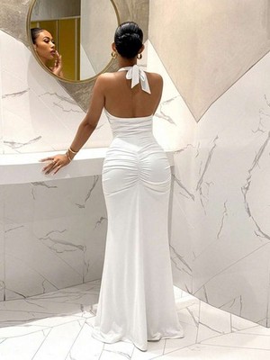 ruched backless dress Elegant Halter Mermaid Maxi Dress Long Sleeve Ruched Backless Bodycon Party