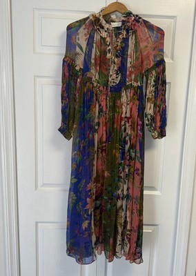 Zimmermann Tropicana Lantern Sheer Silk Midi Dress Spliced Multi Sz 0  RESORT | eBay