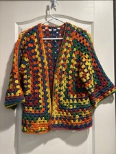 Crochet Granny Square Rainbow Hexagon Cardigan Sweater Sz M