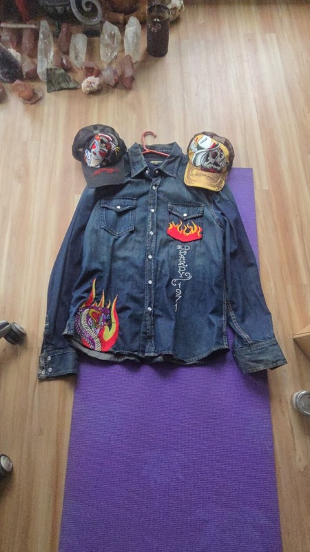 ED HARDY DENIM SHIRT AND 2 HATS LOT VINTAGE 