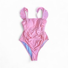 S Pink Ribbed Ruffle Tie Back One Piece Swimsuit Ruched High Cut