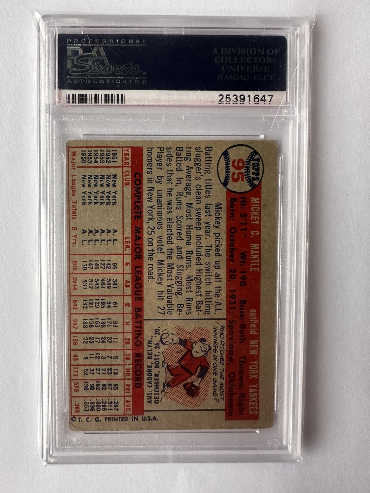 1957 Topps - Mickey Mantle #95 PSA 3 view 2