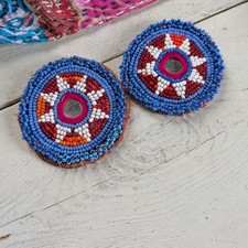Kuchi Patches Beaded Gul Medallions Tribal White Flowers Small Pair 21573