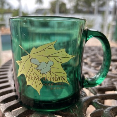 NEMACOLIN WOODLANDS RESORT SPARROW LOGO GREEN GLASS COFFEE TEA LATTE MUG CUP.