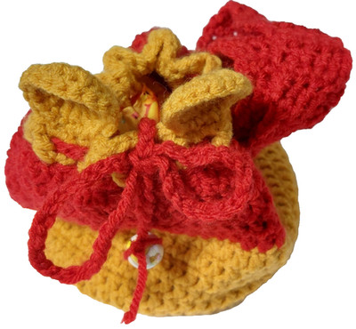 Handmade Crocheted Drawstring Pouch Red & Gold 6'' Diameter/5'' Tall Wrist Strap