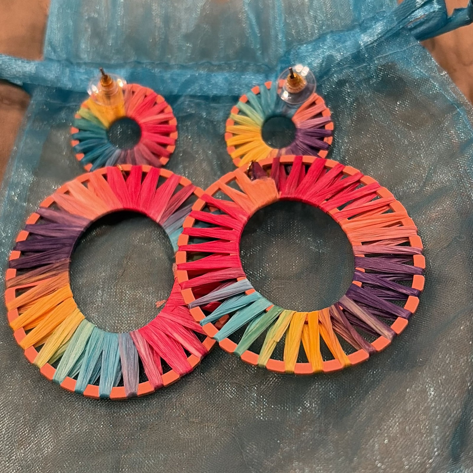 Boho Rainbow Raffia Wrapped Oval Statement Earrin… - image 2