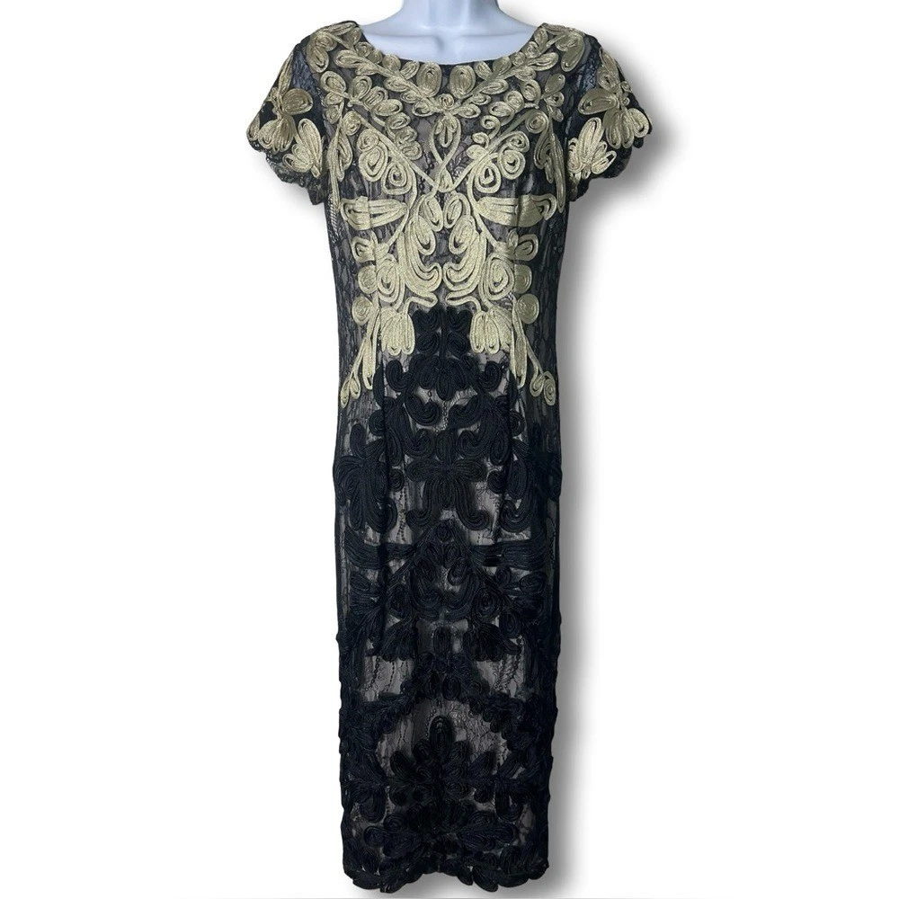 chinese dress ladies JS Collections Two-Tone Lace Embroidery Cocktail Dress Black/ Vanilla