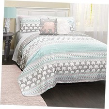 Pink-and-Turquoise Full/Queen Pink & Turquoise Elephant Stripe Quilt Set