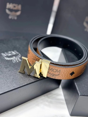 #ad MCM Gold Buckle Claus Reversible Leather Belt One Size Black Cognac $89.69