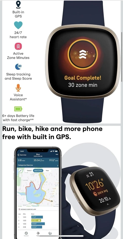 Fitbit Versa 3 Aktivitäts-Tracker - Nachtblau/Aluminium Softgold - Bild 2 von 4
