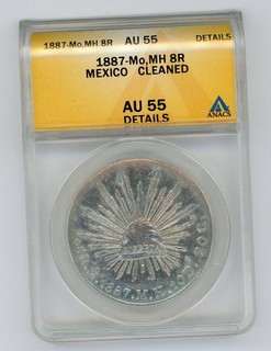 MEXICO 1887 Mo MH 8 R MEXICO CITY COIN SLABBED ANACS AU 55 DETAILS KM#377.10
