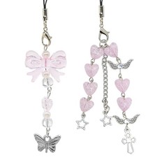 2 PCS Cute Phone Charm Keychains Crystal Beaded Bear Cell 2-Crystal-Butterfly