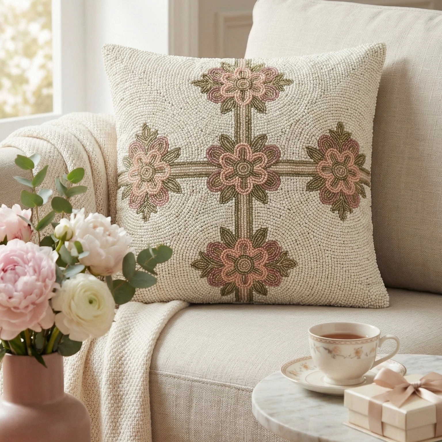 Handmade Beaded Floral Throw Pillow Cover Luxury Decorative Cushion Case 16x16