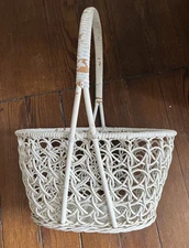 Vintage Woven Wicker Rattan Basket Victorian Hand made 12” X 15”