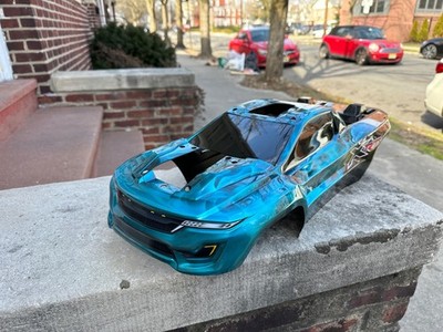 CUSTOM PAINTED RC BODY, TRAXXAS XRT BODY, CANDY CHROME BLUE FLAMES, BLACK BODY