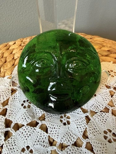 Vintage Green Art Glass Face Paperweight 4” Blenko Style Air Bubble Inclusion