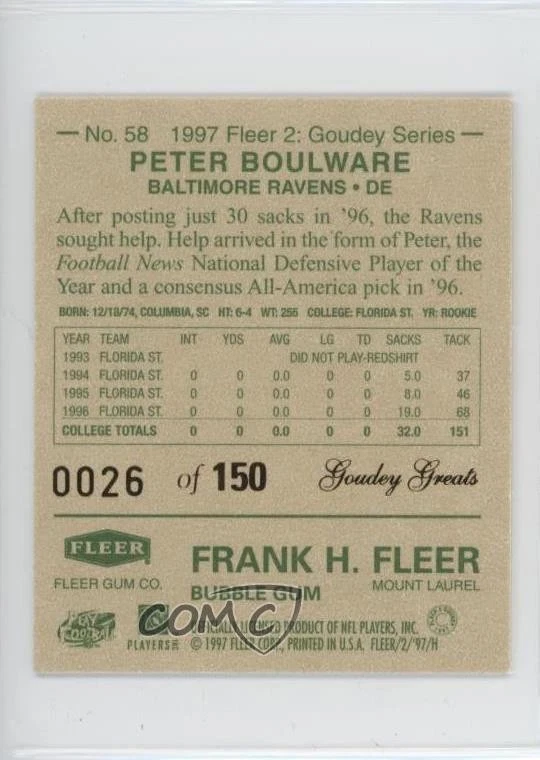 1997 Fleer Goudey II Goudey Greats /150 Peter Boulware #58 Rookie RC - Image 2 of 2