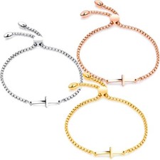 Stainless Steel Cross Adjustable Round Box Bracelet Silver Gold/RoseGold Plated