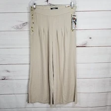 Rewash Pants Linen Blend Pullon-On Side Button Wide Leg Crop Size M Tan.