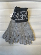 Michael Kors Monogram MK Charcoal Gray Banded Knit Gloves MSRP 42 NEW
