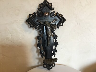 # Large Crucifix Wall Mounted Blessing Box Black Forest and Silver Bronze 18th Century INRI 54cm