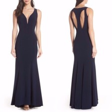NEW XSCAPE NAVY Deep V-Neck PLUNGING ILLUSION NECKLINE Trumpet GOWN 0