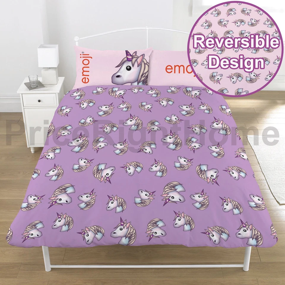 Juego de funda nórdica doble Unicorn Emoticon ropa de cama reversible para niños púrpura/rosa Foto 3 de 3