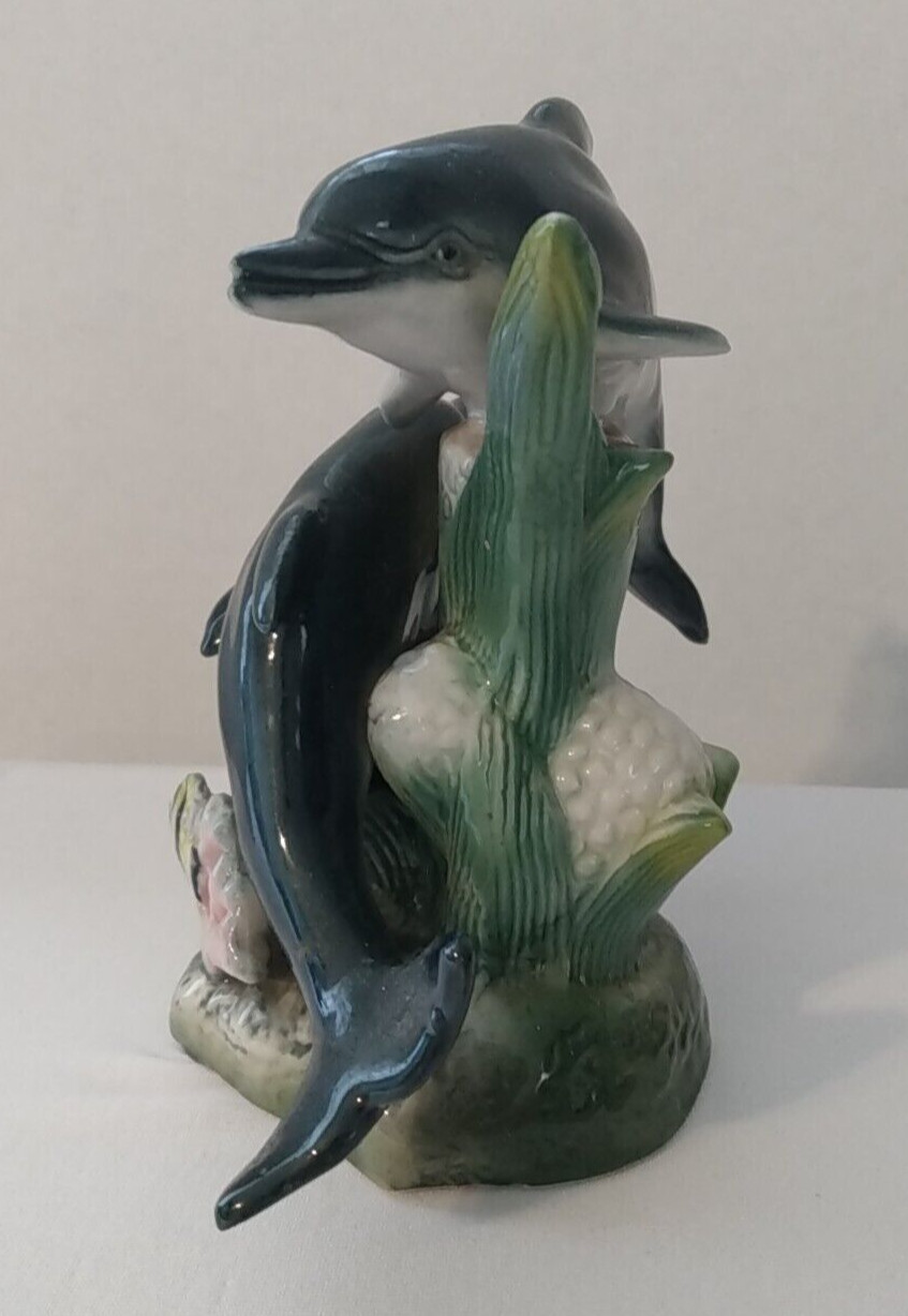 Dolphins Zebra fish Swimming Around Sea Grass on Coral Reef Ceramic Figurine