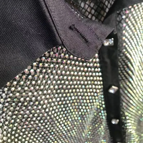 Lady Rhinestone Crystal Shirt Party Blouse Net Sheer Shiny Glitter Club Wear - Picture 15 of 16
