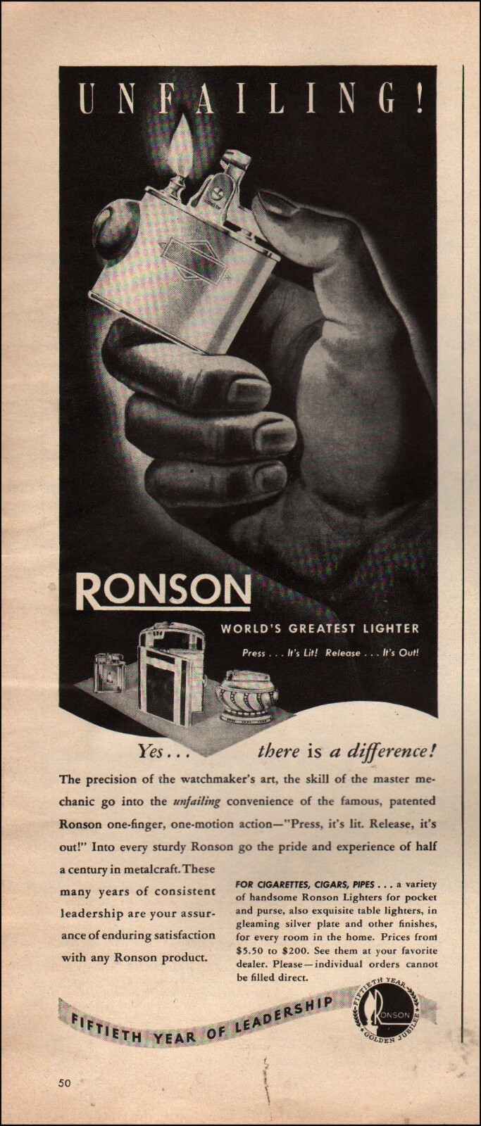 1940's Vintage ad RONSON Lighter retro "Press, it's Lit" Art  RARE  03/15/23