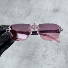 Women's Triple Cross Iced Out Sunglasses Pink Frame, Pink Temples, Streetwear