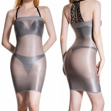 Women's Silky Shiny Mini Dress Tube Top Bodycon See Through Night Party Clubwear