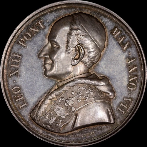 GORGEOUS NGC MS63 1884 LEO XIII VATICAN SILVER MEDAL RINALDI-78 ITALY TONED CAM