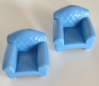 Coffret Mobilier Salon De Poupée – Vintage, Plastique Dur Bleu, 5 Pièces, Jouet Ancien