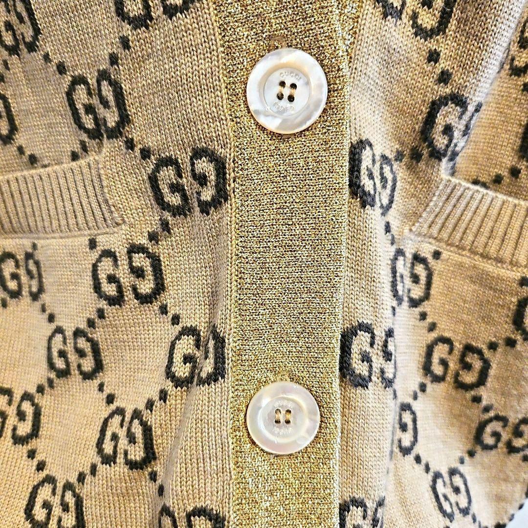 GUCCI Cardigan GG Logo Brown x Glitter Gold Size L Women's GUCCI Cardigan GG Logo Brown x Glitter Gold Size L Women's