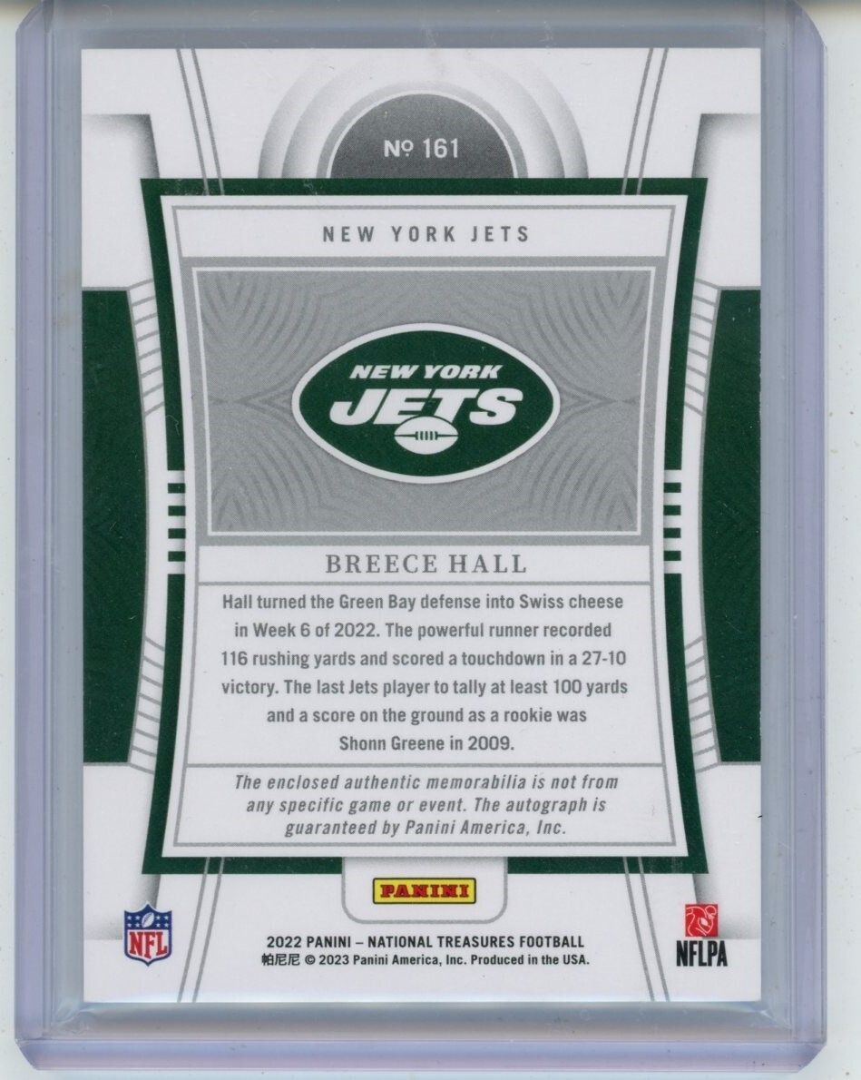 Breece Hall 2022 Panini National Treasures NT Rookie Card RC Auto Patch 1/1 RPA view 2