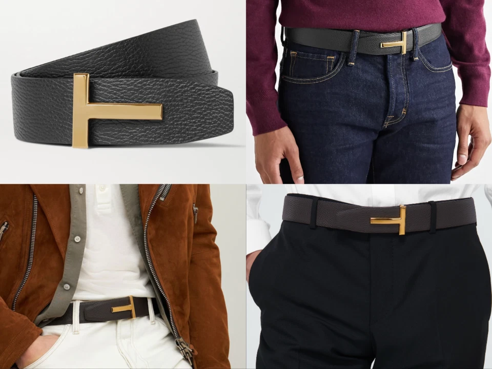 TOM FORD T-LOGO Gold Reversible Grained Leather Belt Wendegürtel Gürtel 115 - Bild 1 von 4