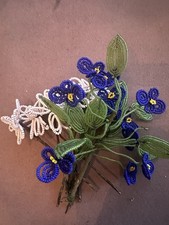 Vintage French Seed Bead Flowers Handmade Stems Blue And White