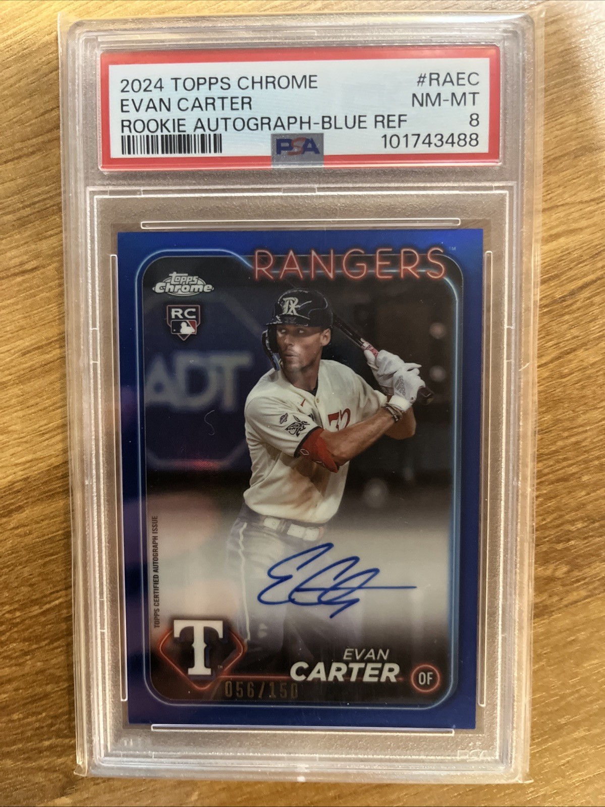 2024 Topps Chrome - Rookie Autographs Evan Carter RA-EC Blue Refractor /150 PSA8