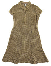 Vintage Nine West 100% Rayon Brown Checked Short Sleeve Button Up Shirt Dress 12