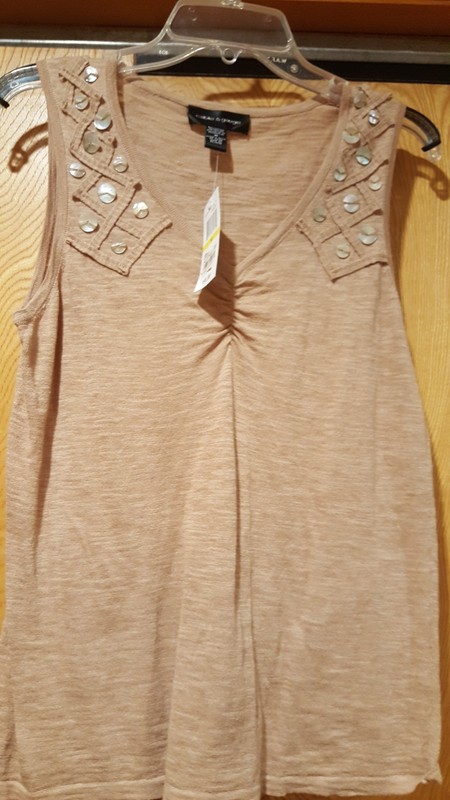 NWT Cable & Gauge Size M Camel Tan Slub Knit Tank w/M-O-P Beads Design