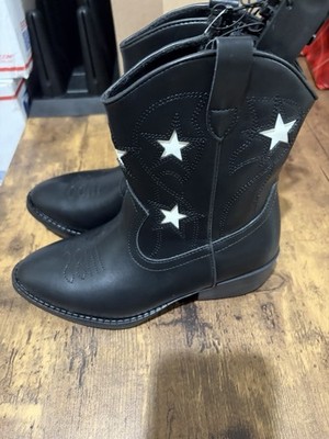 Wonder Nation Youth Girl's Black Square Toe Western Cowboy Stars Boots Sz 3 