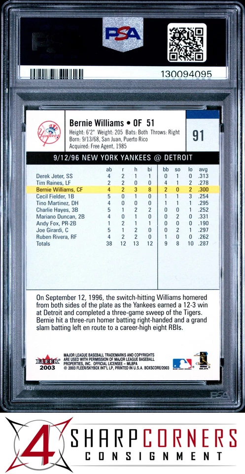 2003 FLEER BOX SCORE #91 BERNIE WILLIAMS YANKEES POP 1 PSA 10 - Image 2 of 2